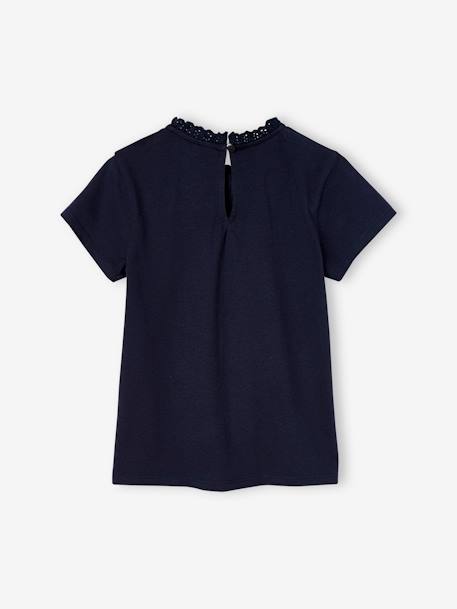 Short Sleeve Top with Collar for Girls ecru+navy blue 