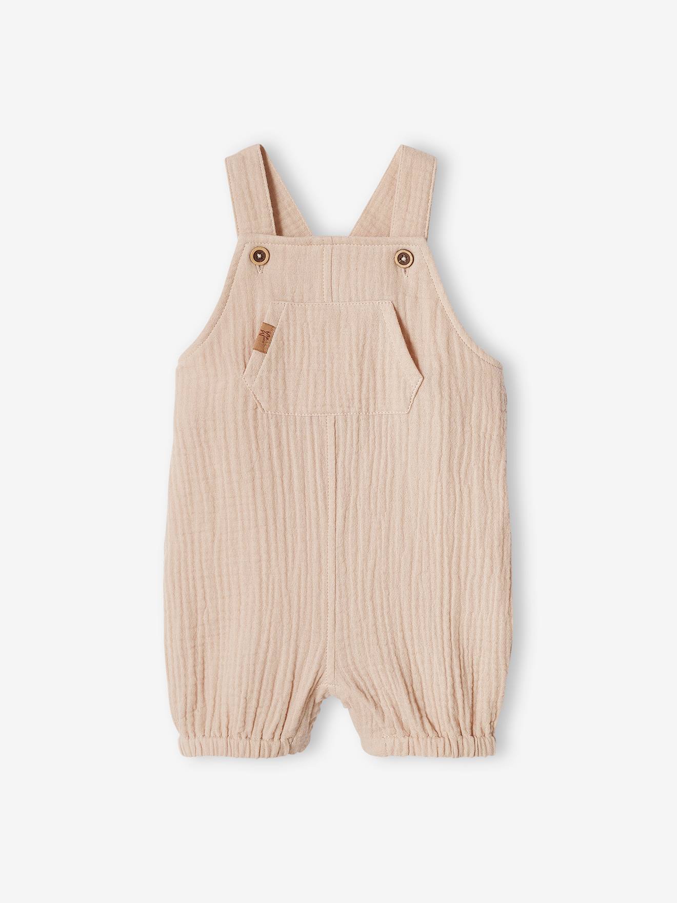 Cotton Gauze Dungarees, Lined, for Newborn Babies - beige, Baby