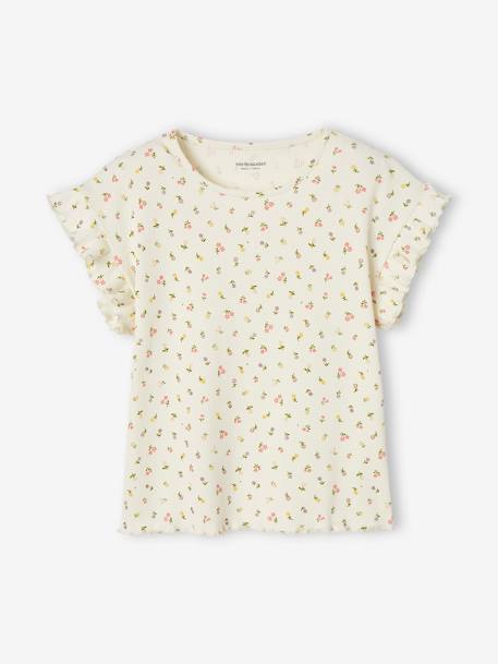 Rib Knit T-Shirt with Printed Flowers for Girls ecru+ink blue 