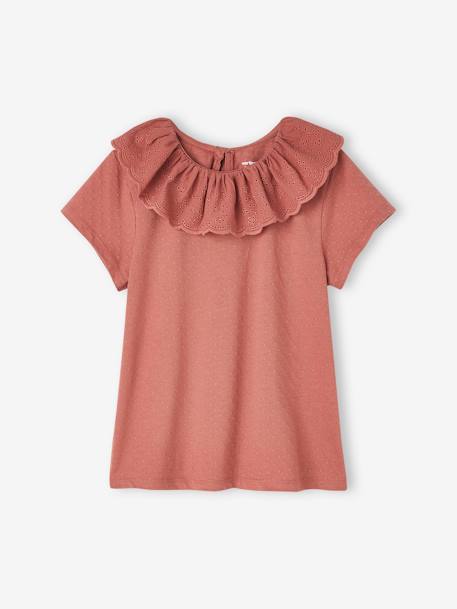 Top with Frilled Collar in Broderie Anglaise for Girls ecru+old rose+sage green 