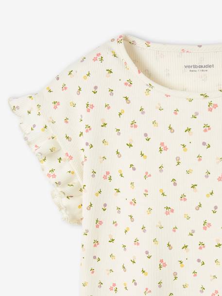 Rib Knit T-Shirt with Printed Flowers for Girls ecru+ink blue 