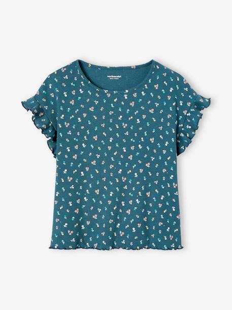 Rib Knit T-Shirt with Printed Flowers for Girls ecru+ink blue 