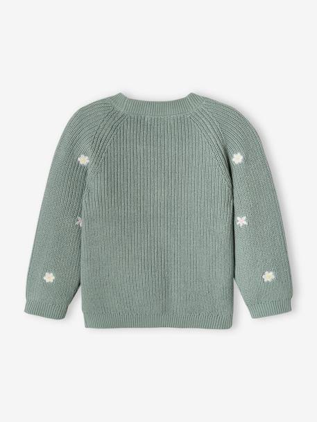 V-Neck, Brioche Stitch Cardigan with Embroidery, for Babies aqua green+ecru 