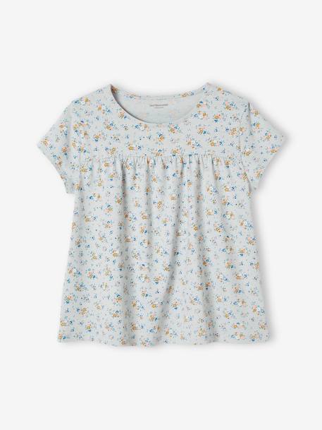 Blouse with Flowers for Girls ecru+sky blue 