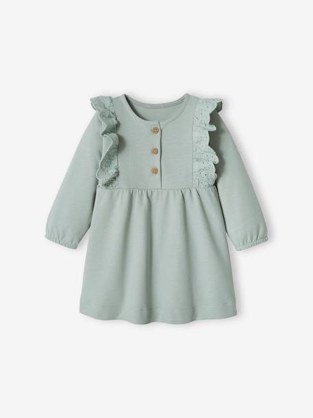 Fleece Dress, Broderie Anglaise Ruffle, for Babies caramel+grey blue 