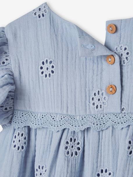 Cotton Gauze Dress with Embroidered Flowers, for Girls pale blue+pastel yellow+rosy+vanilla 