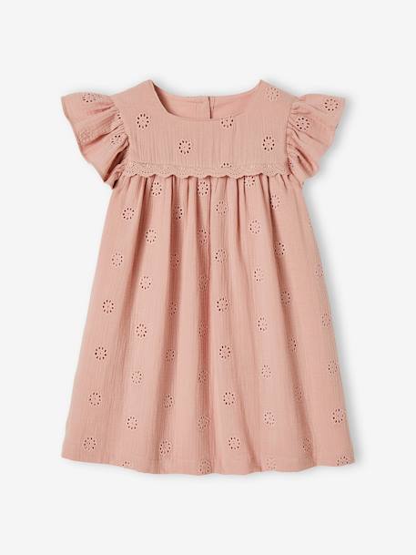 Cotton Gauze Dress with Embroidered Flowers, for Girls pale blue+pastel yellow+rosy+vanilla 