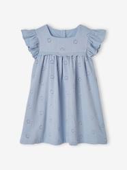 -Cotton Gauze Dress with Embroidered Flowers, for Girls