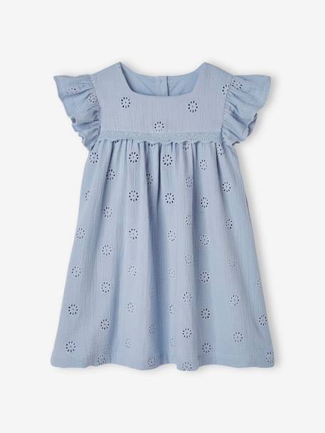 Cotton Gauze Dress with Embroidered Flowers, for Girls pale blue+pastel yellow+rosy+vanilla 