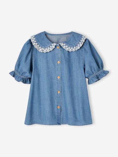 Short Sleeve Denim Shirt with Peter Pan Collar, for Girls stone 