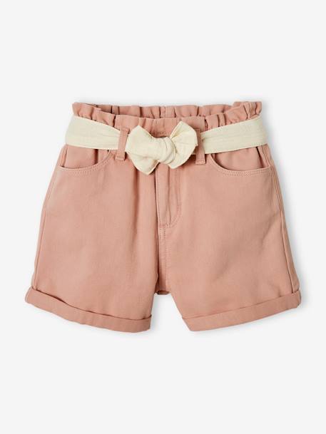 Paperbag Shorts in Cotton Gauze, with Belt, for Girls aqua green+rosy+sandy beige 