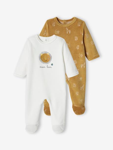 Pack of 2 Lion Sleepsuits in Velour for Baby Boys mustard 