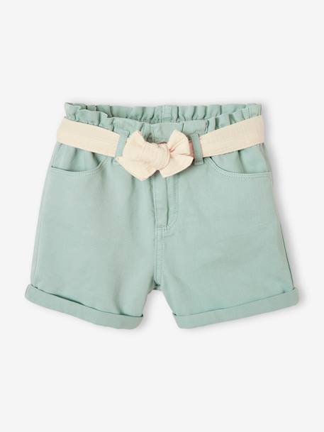 Paperbag Shorts in Cotton Gauze, with Belt, for Girls aqua green+rosy+sandy beige 