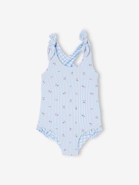 Reversible Swimsuit in Gingham/Stripes & Flowers for Baby Girls sky blue 