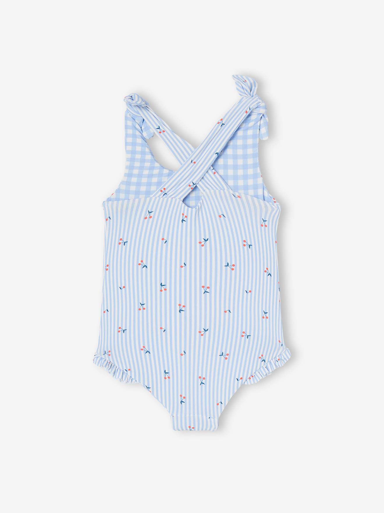 Reversible Swimsuit in Gingham Stripes Flowers for Baby Girls sky blue