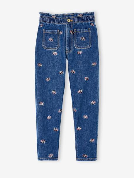 Paperbag Jeans, Embroidered Flowers, for Girls denim blue 