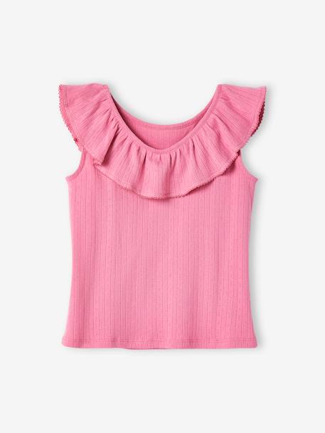 Top with Ruffle, in Pointelle Knit, for Girls ecru+navy blue+sweet pink 