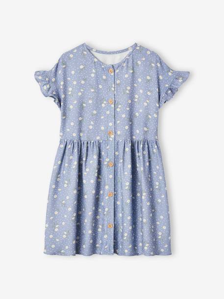 Buttoned Dress with Flowers for Girls azure+blue+ecru+navy blue 