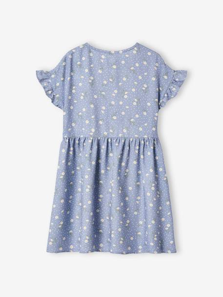 Buttoned Dress with Flowers for Girls azure+blue+ecru+navy blue 