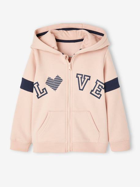 'Love' Zipped Sports Jacket with Hood for Girls Dark Blue+Light Pink 