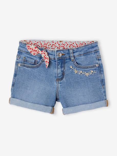 Denim Shorts with Floral Print & Embroidered Bow, for Girls brut denim+double stone 