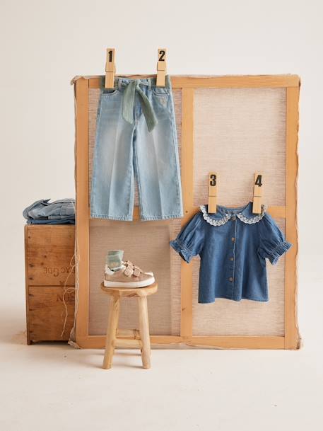 Short Sleeve Denim Shirt with Peter Pan Collar, for Girls stone 