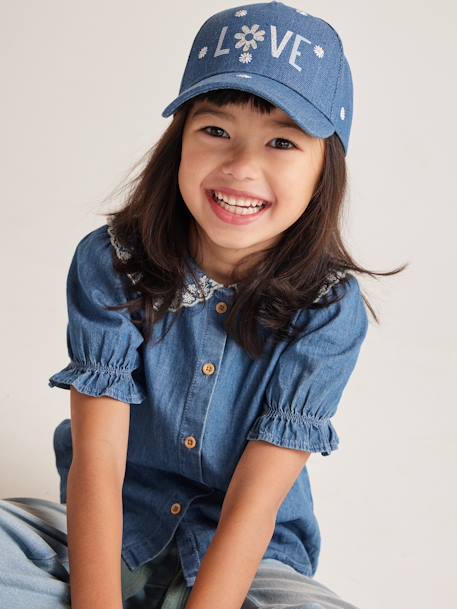 Short Sleeve Denim Shirt with Peter Pan Collar, for Girls stone 