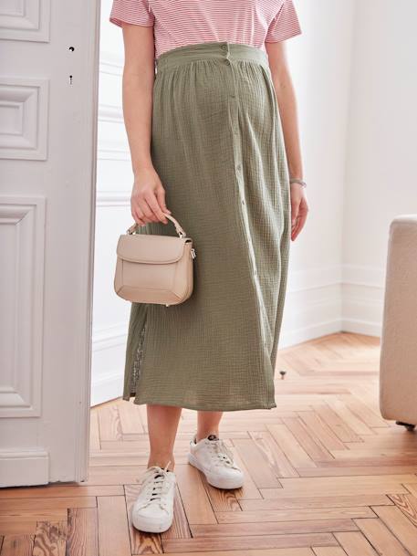 Long Skirt in Cotton Gauze for Maternity BROWN LIGHT SOLID+olive 