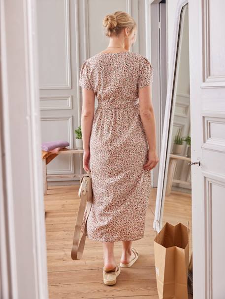 Floral Print Dress with Tie Belt for Maternity & Nursing ecru+terracotta 