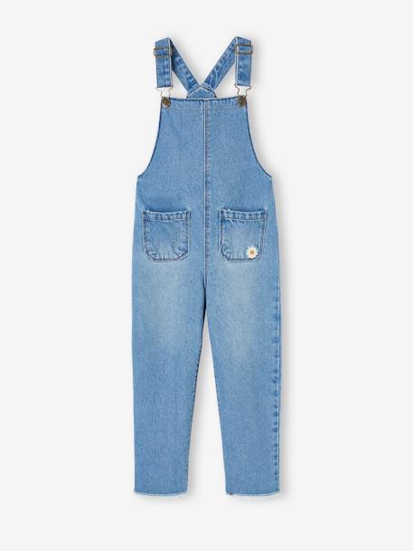 Denim Dungarees with Embroidered Flower Detail for Girls stone 