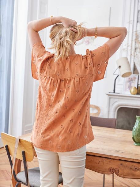 Embroidered Cotton Gauze Blouse, Maternity & Nursing Special ecru+terracotta 