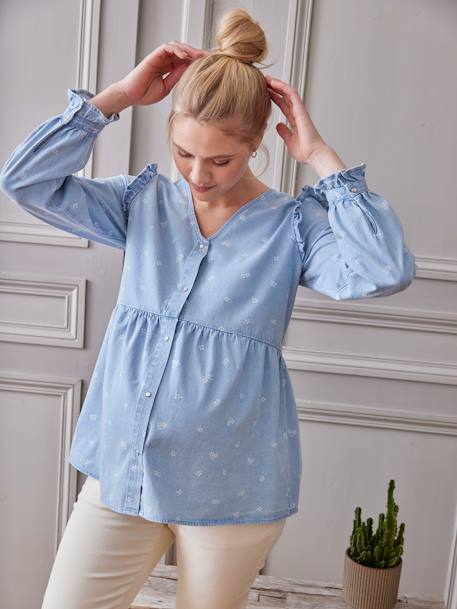 Denim-Effect Blouse with Floral Print, Maternity & Nursing Special double stone 