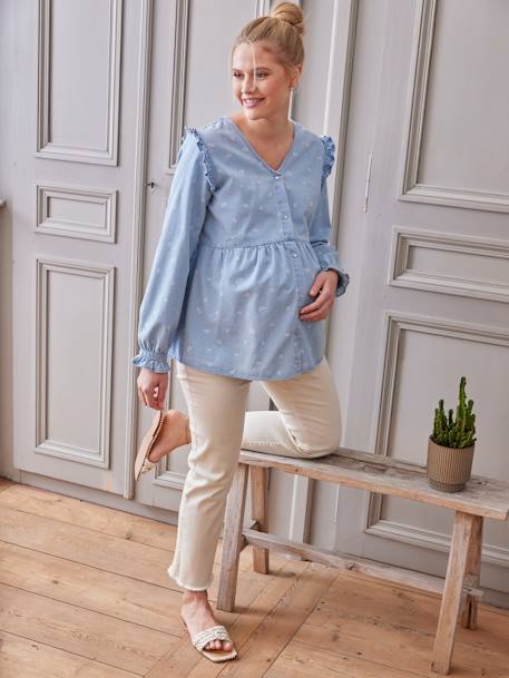 Denim-Effect Blouse with Floral Print, Maternity & Nursing Special double stone 