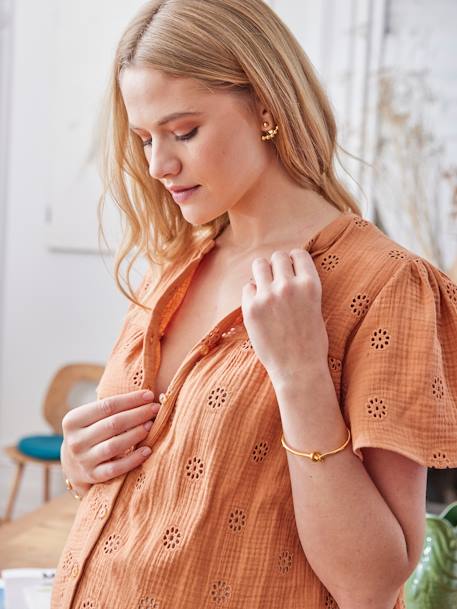 Embroidered Cotton Gauze Blouse, Maternity & Nursing Special ecru+terracotta 