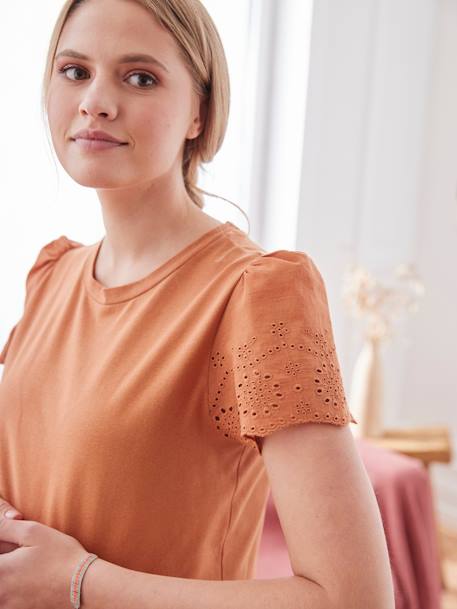 Short Sleeve Dual Fabric T-Shirt for Maternity terracotta 