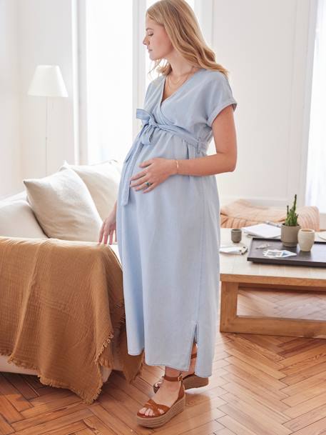 Long Wrap-Over Dress in Light Denim, Maternity & Nursing Special stone 