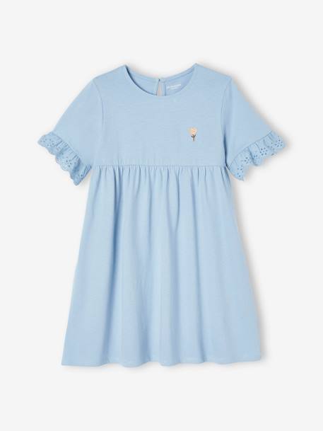 Short Sleeve Dress in Broderie Anglaise, for Girls grey blue+peach 