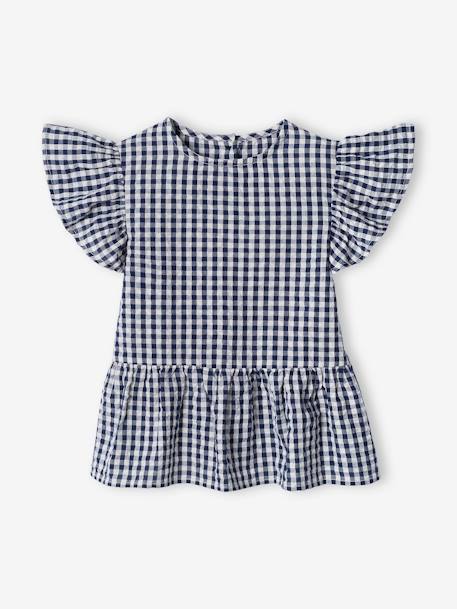 Ruffled Blouse with Gingham Checks, for Girls chequered navy blue 