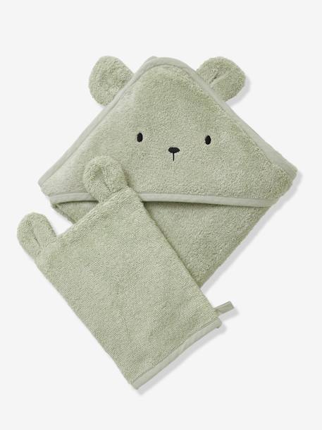 Bath Cape + Wash Mitt, in Organic Cotton BROWN MEDIUM SOLID+GREEN LIGHT SOLID+GREY DARK SOLID+White 