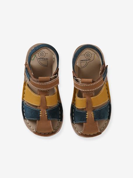 Hook-and-Loop Leather Sandals for Children, Designed for Autonomy beige+set blue 