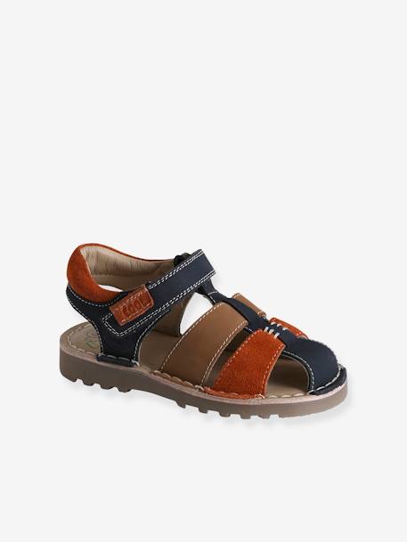 Hook-and-Loop Leather Sandals for Children, Designed for Autonomy beige+navy blue+set blue 