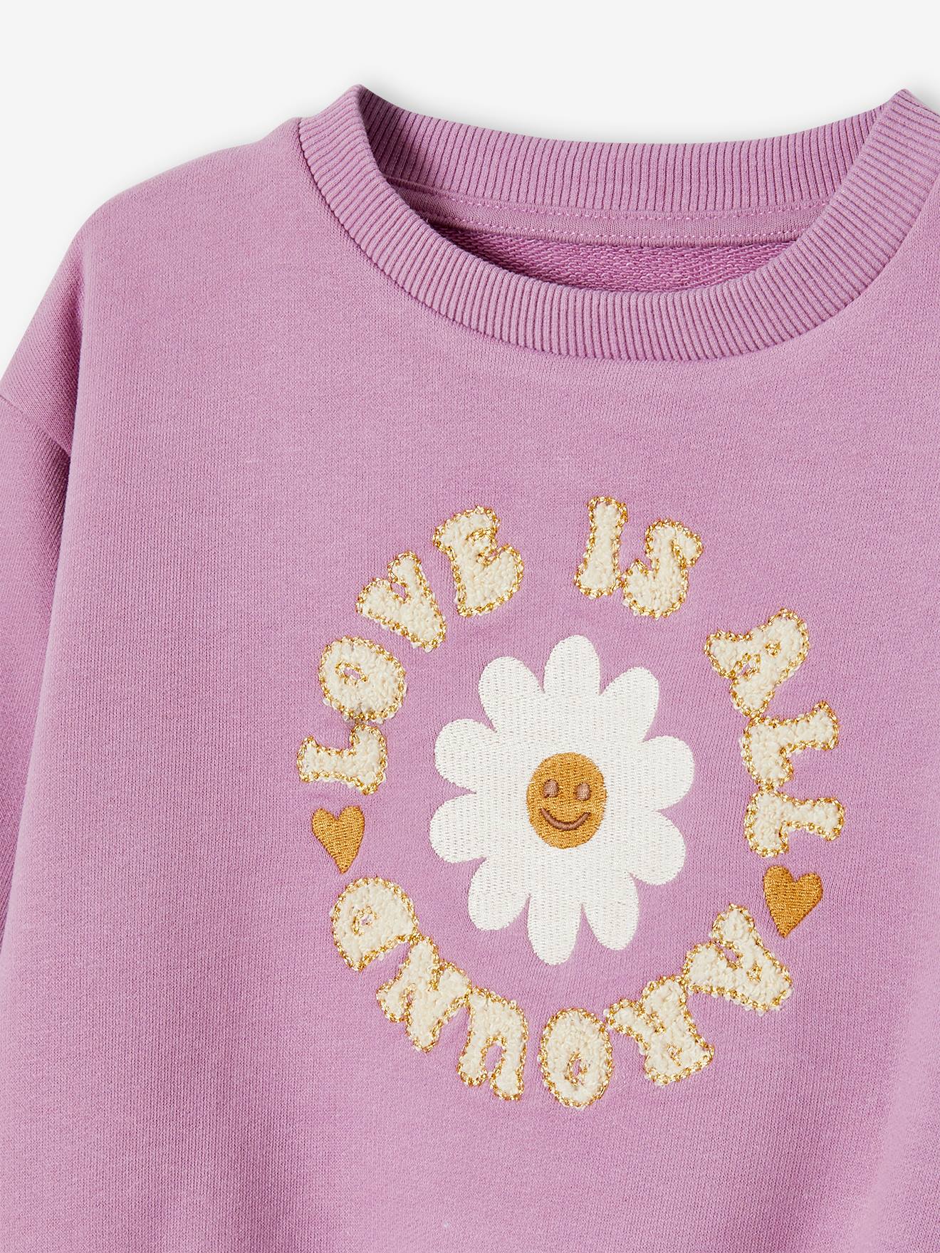 Sweatshirt with Flower & Motif in Bouclé Knit, for Girls - mauve