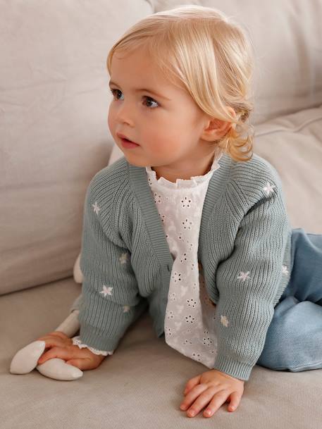 V-Neck, Brioche Stitch Cardigan with Embroidery, for Babies aqua green+ecru 