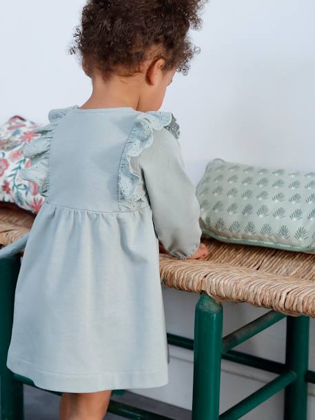 Fleece Dress, Broderie Anglaise Ruffle, for Babies caramel+grey blue 