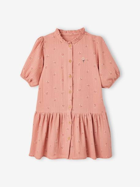 Cotton Gauze Dress with Buttons, 3/4 Sleeves, for Girls blush 