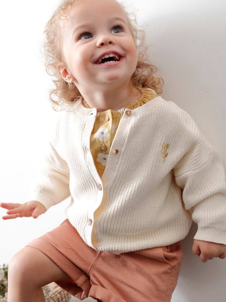 Cardigan in Brioche Stitch, Iridescent Motif, for Babies ecru+rose 