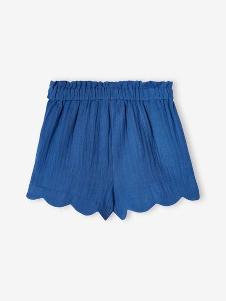 Shorts in Cotton Gauze with Scalloped Trim for Girls blue+nude pink+printed blue 