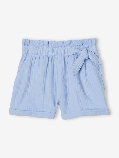 Paperbag Shorts in Cotton Gauze for Girls coral+pale blue+vanilla 