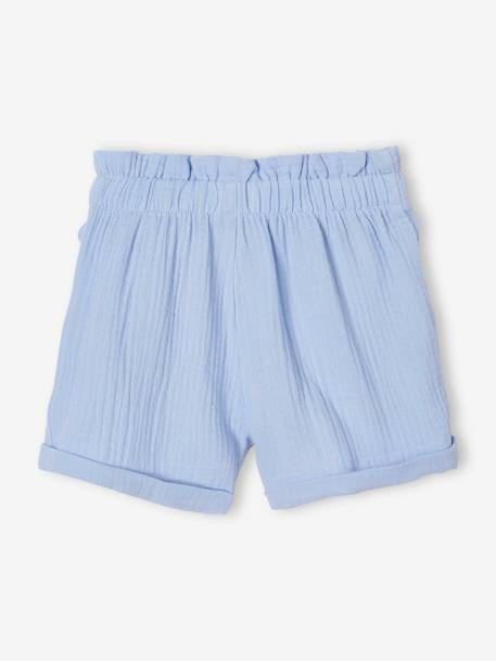 Paperbag Shorts in Cotton Gauze for Girls coral+pale blue+vanilla 