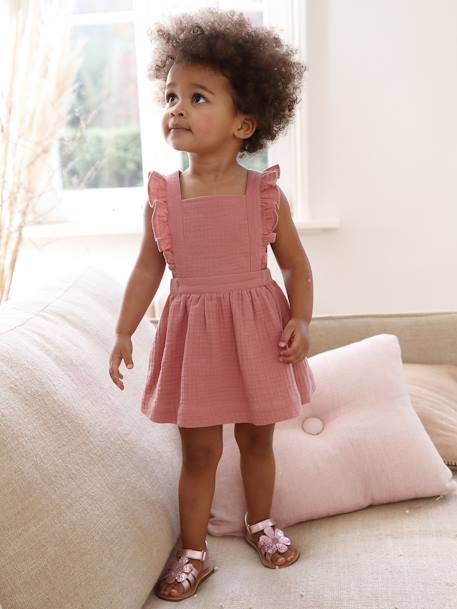 Dungaree Dress in Cotton Gauze, for Babies caramel+GREEN MEDIUM SOLID+lilac+Pink 